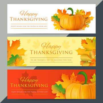 Set of happy thanksgiving day web banners. Autumn holiday vector