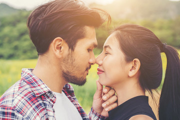 Fototapeta premium Young couple in love outdoor,Stunning sensual outdoor portrait o