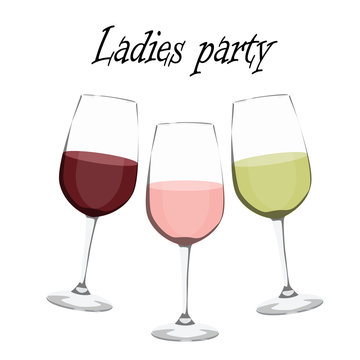 Ladies party wineglasses set red rose white wine vector illustration