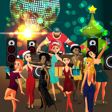 Vector Christmas New Year party invitation disco style. Club, dj
