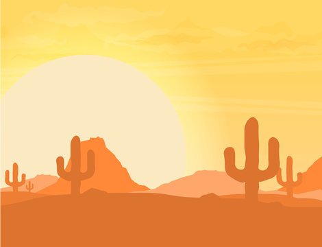 Western desert landscape at sunset vector illustration.