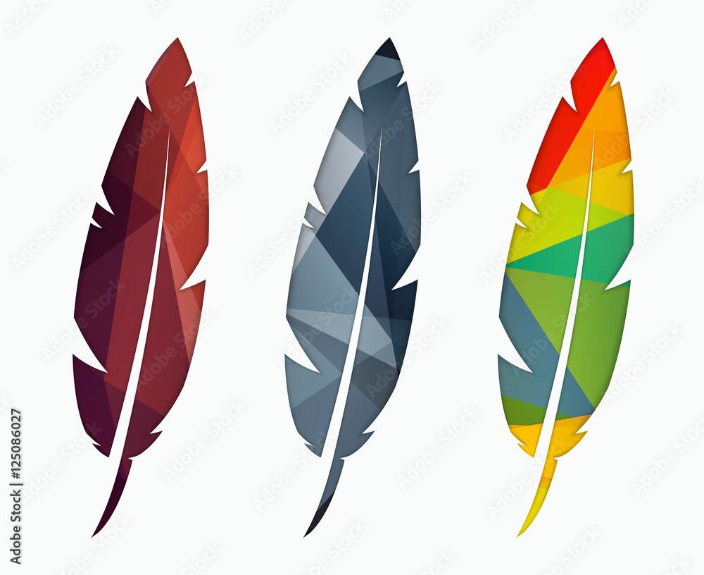 Poster set of colored feathers. abstract polygonal element