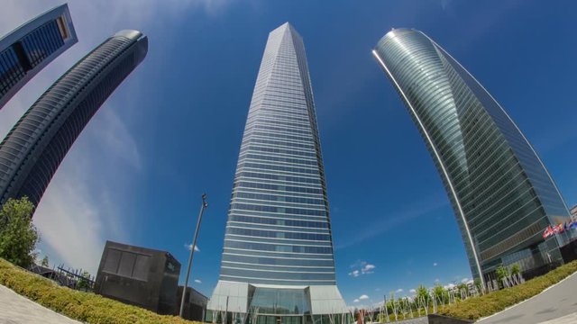 skyscrapers timelapse hyperlapse in the Four Towers Business Area with the tallest skyscrapers in Madrid and Spain 