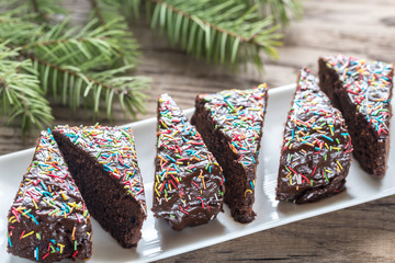 Pieces of fudge cake on the plate