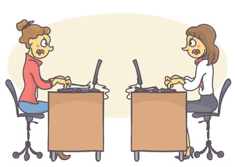 Two female coworkers in office having a conflict, not talking to each other