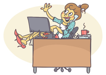 Female worker at office, talking on the phone, painting her nails, legs on the table