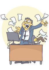 Business man or clerk in the office, shouting angry at computer, throwing files