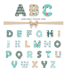 Christmas festive font. Different seamless patterns included under clipping mask. For creative greeting cards, headlines, collages, scrapbook design.