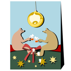 Two single bears in friendly conversation over a beer. Environment evokes Christmas associations. Above is lit a big Christmas bulb. Beer foam ran down the ribbon, bear foot, and a gold star.
