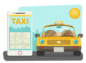 Taxi service. Smartphone, city skyscrapers. Vector flat 