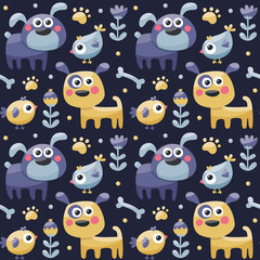Seamless cute pattern made with dog, birds, flowers, paw, trace, plants, berries