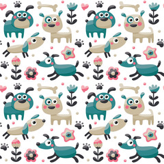 Seamless cute pattern made with dog, birds, flowers, paw, trace, plants, berries