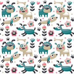 Seamless cute pattern made with dog, birds, flowers, paw, trace, plants, berries