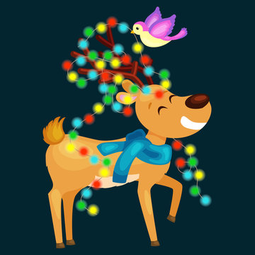 happy smiling reindeer on the eve of New Year and Christmas lights in the horns with decorations like a Christmas tree wearing a scarf. The bird decorates deer glowing beads