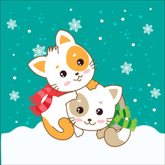 Two Kittens. Vector Cats In The Snow. Cats In The Winter. Playful Cats Vector Illustration. Two Joyful Cats. Winter Games.