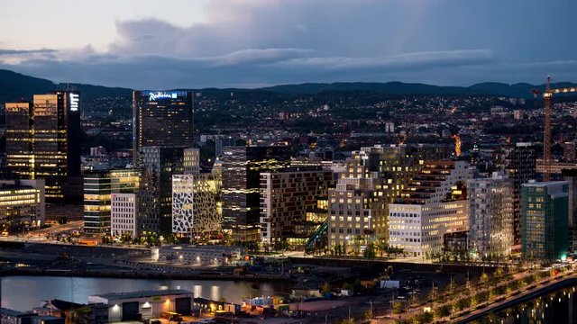 Time Lapse of Barcode Buildings Day to Night -  Oslo Norway Europe