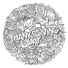 Cartoon cute doodles hand drawn Thanksgiving inscription