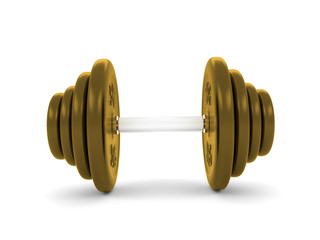 3d rendering of a gold barbell isolated on a white background.