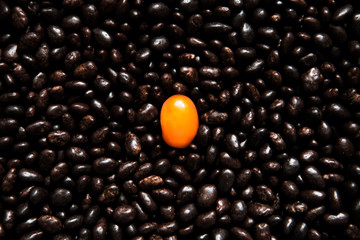 sweet orange frosting candy among chocolate seeds