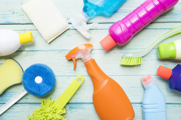 House cleaning product on wood table