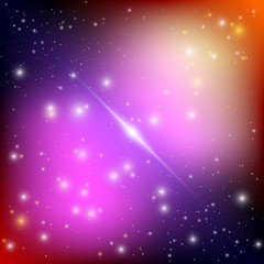Cosmic galaxy background with bright shining stars. Illusion UFO with nebula and star dust. Alien Spaceship. Vector illustration.