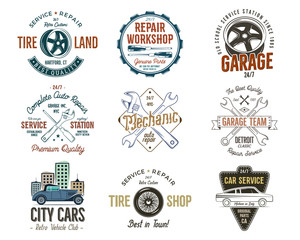 Vintage car service badges, garage repair labels and insignias collection. Retro colors design. Good for repair workshop, classic cars auctions, clubs, tee shirt. Vector.
