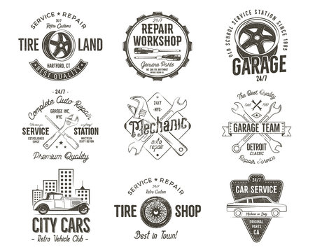 Vintage car service badges, garage repair labels and insignias collection. Retro colors design. Good for repair workshop, classic cars auctions, clubs, tee shirt. Vector monochrome isolated