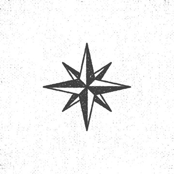 Vintage wind rose symbol or icon in rough silhouette nautical style, monochrome design. Can be used for T-shirts print, labels, badges, stickers, logotypes. Vector illustration.