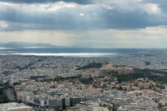 Aerial view of Acropolis from mount Lycabettus in the Athens.