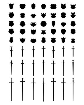 Black silhouettes of  shields and swords
