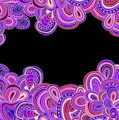 Nice raster card with bright violet and pink hand drawn pattern on black background