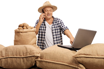 Mature farmer talking on phone and working on laptop