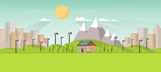 Deurstickers Eco Landscape Flat Design. Eco concept. Illustration of solar panel, with wind turbines. Renewable energy vector.     © Droidworker