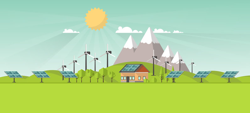 Eco Landscape Flat Design. Eco concept. Illustration of solar panel, with wind turbines. Renewable energy vector.