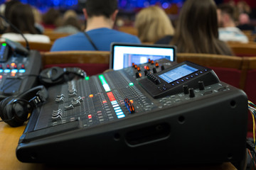 Work place sound engineer's. Mixing console.