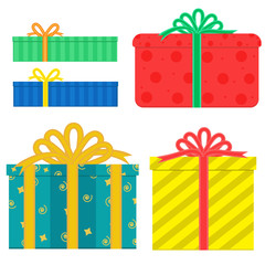 Bright gift boxes, different color and shape flat vector image. Good for any holiday or celebration