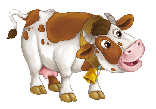 Cartoon happy cow is standing and looking down - artistic style - isolated - illustration for children