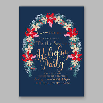 Merry Christmas party invitation with winter wreath. Pine, poinsettia Wedding Invitation Bridal shower invitation Baby Shower template card