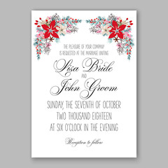 Merry Christmas party invitation with winter wreath. Pine, poinsettia Wedding Invitation Bridal shower invitation Baby Shower template card