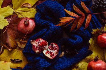 Pomegarante, autumn leaves and blue scarf