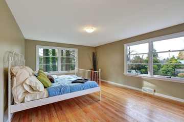 Green bedroom interior with hardwood floor and iron bed.