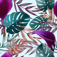 Fototapety  Tropical flowers, jungle leaves, bird of paradise flower.