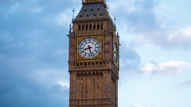 Big Ben time lapse hyper lapse with cloudy weather, close up.
Dolly to the left, Big Ben slowly turns to the right.