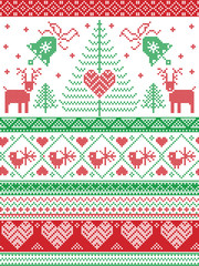 Scandinavian style and Nordic culture inspired Christmas,  festive winter seamless pattern in cross stitch style with bells, trees , snowflakes, birds, stars, reindeer, hearts, ornaments in green, red