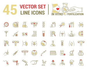 Vector graphic set. Silhouette, logo, icon, logo. Artificial insemination, bioengineering, biotechnology. Birth of embryo in linear, flat, contour, thin design. App, Web site template, infographic.