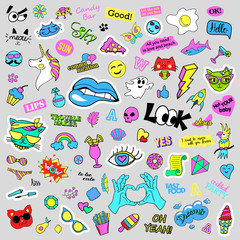 Fashion quirky cartoon doodle patch badges with cute elements. Isolated vector. Set of stickers,pins,patches in cartoon comic style of 80s 90s. Hearts,speech bubbles,love, lips, hearts, eyes, stars.