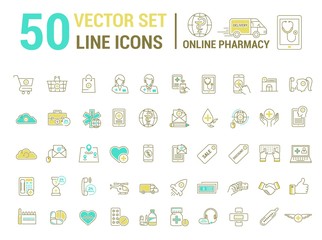 Vector graphic set. Silhouette, logo, icon. Online pharmacy, Internet drug store.Medical equipment in linear, flat, contour, thin design. App, Web site template, infographic.