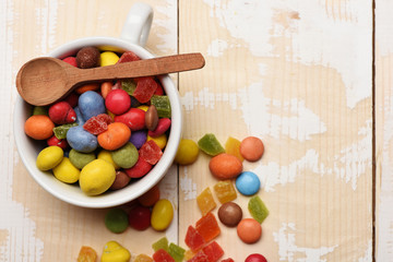 Colorful dragee with marmalade or jelly candies
