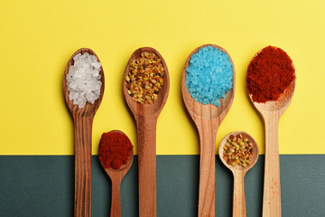 Set of ingredients for cooking on colorful background