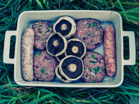 Tray with meat in garden